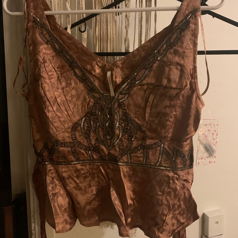 Free People NWT Rayon Rust colored beaded blouse